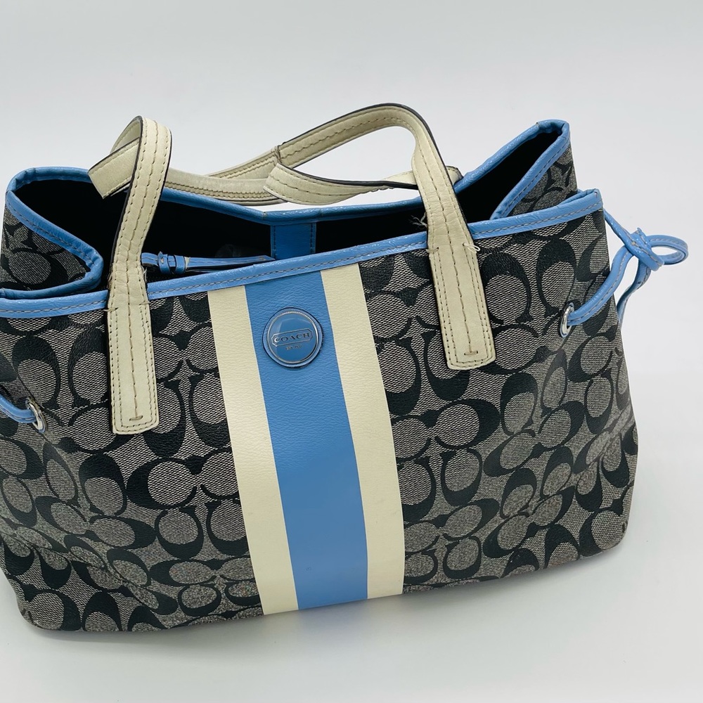 Coach Signature Canvas Satchel in Gray with Blue and Cream Stripes